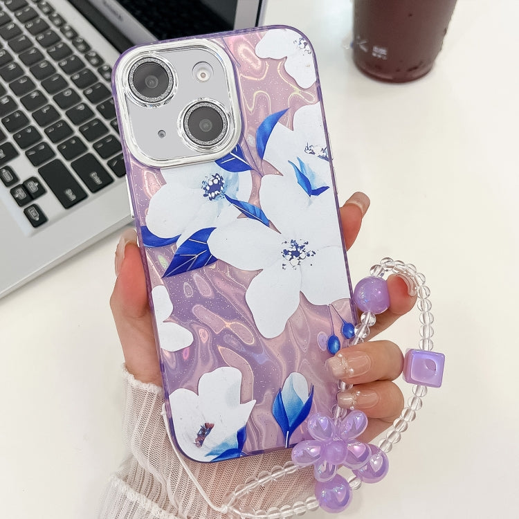 For iPhone 13 Electroplating Flowers Plants Texture Wristband TPU Phone Case
