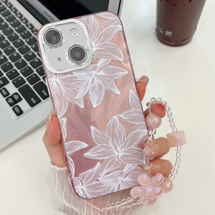 For iPhone 13 Electroplating Flowers Plants Texture Wristband TPU Phone Case