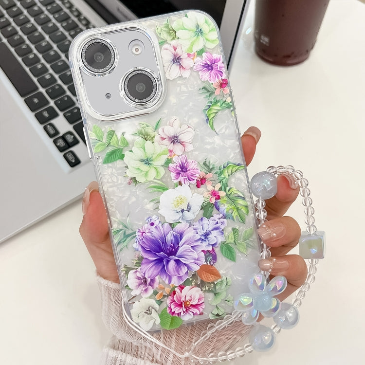 For iPhone 13 Electroplating Flowers Plants Texture Wristband TPU Phone Case