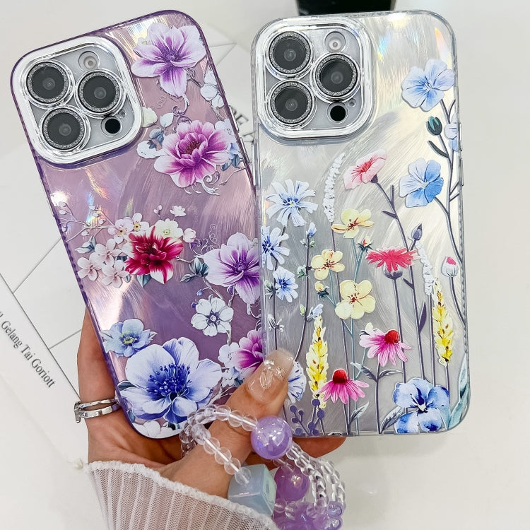 For iPhone 13 Pro Electroplating Flowers Plants Texture Wristband TPU Phone Case