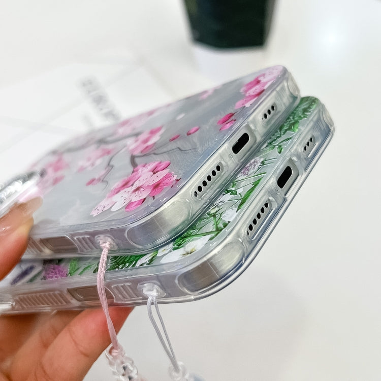 For iPhone 13 Pro Electroplating Flowers Plants Texture Wristband TPU Phone Case