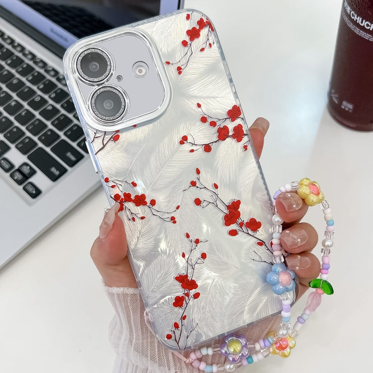 For iPhone 16 Plus Electroplating Flower Texture Wristband TPU Phone Case