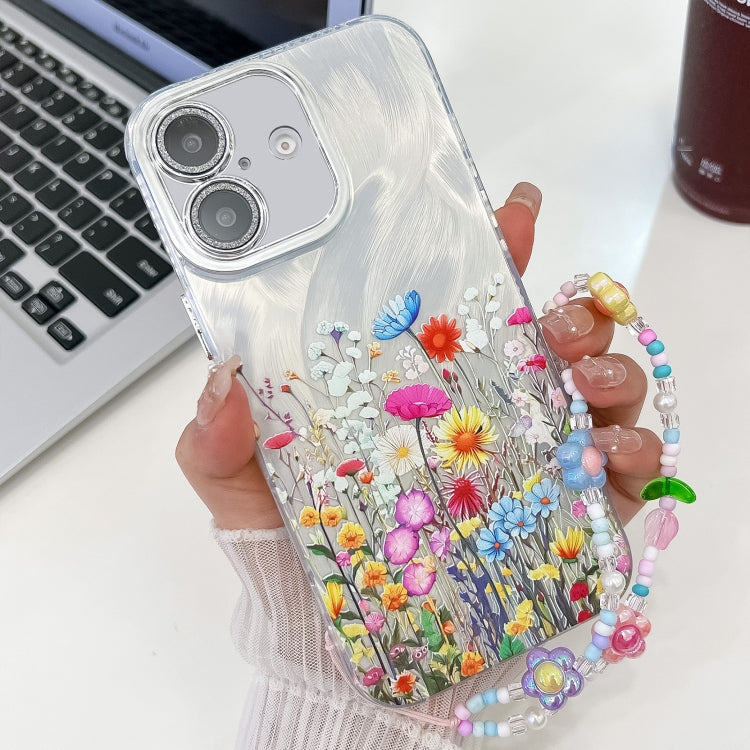 For iPhone 16 Electroplating Flower Texture Wristband TPU Phone Case