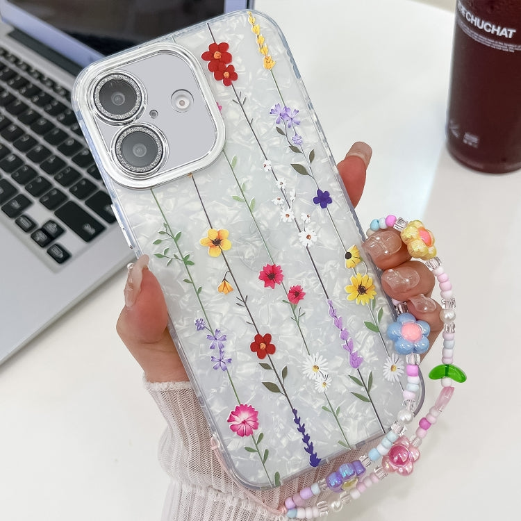 For iPhone 16 Electroplating Flower Texture Wristband TPU Phone Case