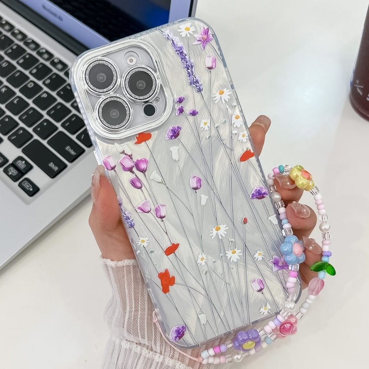 For iPhone 15 Pro Max Electroplating Flower Texture Wristband TPU Phone Case