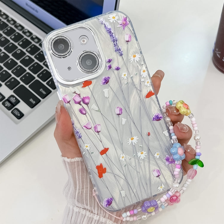 For iPhone 14 Electroplating Flower Texture Wristband TPU Phone Case