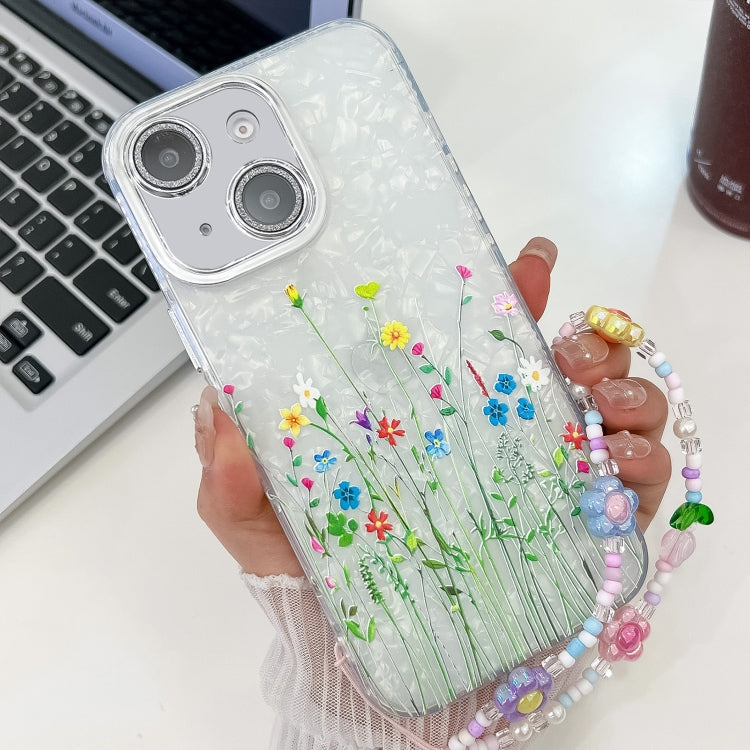 For iPhone 14 Electroplating Flower Texture Wristband TPU Phone Case