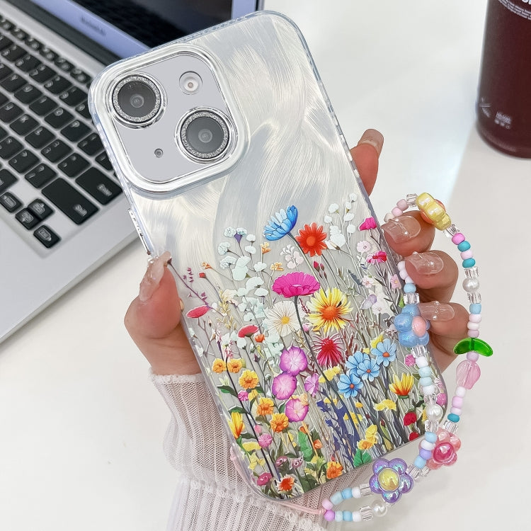 For iPhone 14 Electroplating Flower Texture Wristband TPU Phone Case