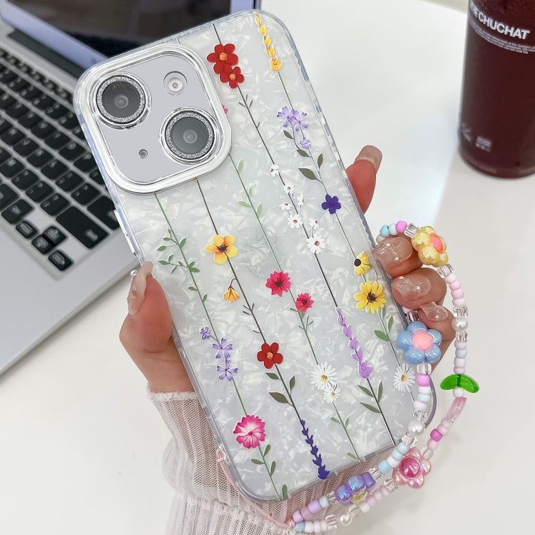 For iPhone 14 Electroplating Flower Texture Wristband TPU Phone Case