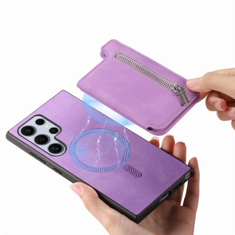 For Samsung Galaxy S25 Ultra 5G Retro MagSafe Zipper Wallet Card Bag Back Phone Case