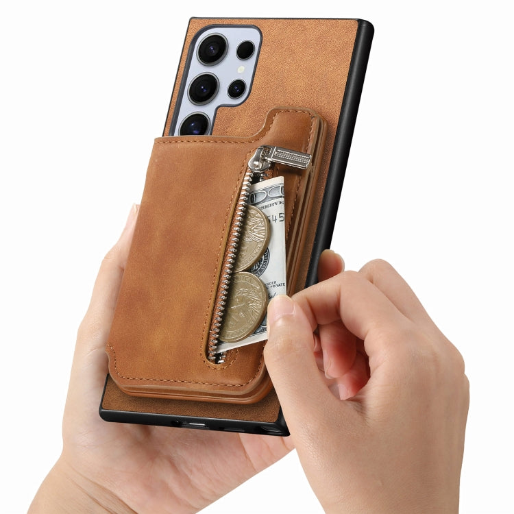 For Samsung Galaxy S25 Ultra 5G Retro MagSafe Zipper Wallet Card Bag Back Phone Case