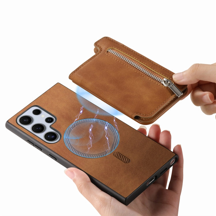 For Samsung Galaxy S25 Ultra 5G Retro MagSafe Zipper Wallet Card Bag Back Phone Case