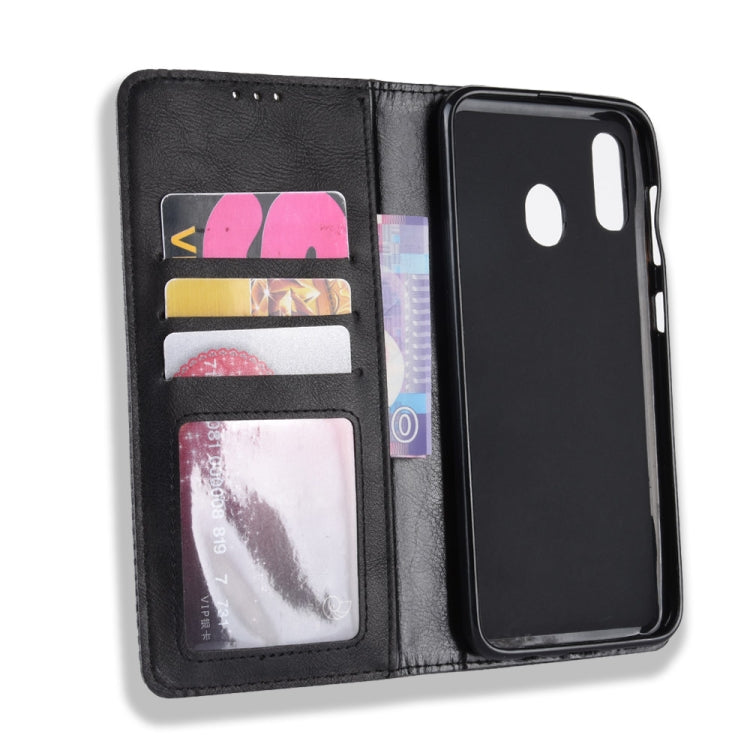 Magnetic Buckle Retro Crazy Horse Texture Horizontal Flip Leather Case for Galaxy A20e, with Holder & Card Slots & Photo Frame