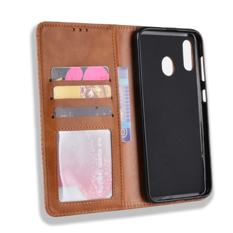 Magnetic Buckle Retro Crazy Horse Texture Horizontal Flip Leather Case for Galaxy A20e, with Holder & Card Slots & Photo Frame