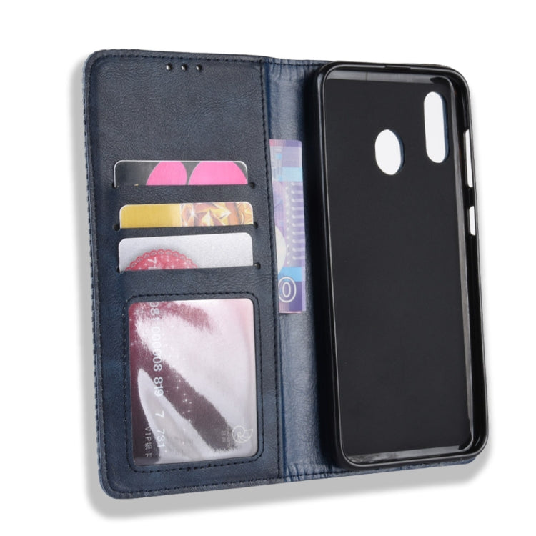 Magnetic Buckle Retro Crazy Horse Texture Horizontal Flip Leather Case for Galaxy A20e, with Holder & Card Slots & Photo Frame