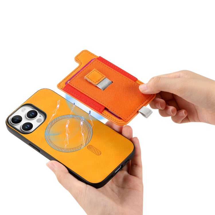 For iPhone 15 Retro Magsafe Cross Leather Pull-Out Card Bag Back Phone Case