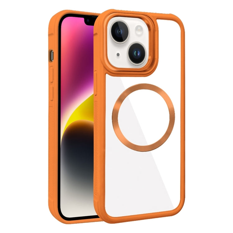 For iPhone 14 Plus Plated CD Texture MagSafe Acrylic Hybrid TPU Phone Case
