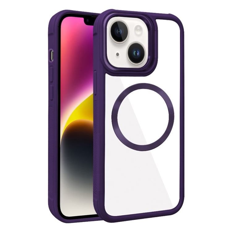 For iPhone 14 Plus Plated CD Texture MagSafe Acrylic Hybrid TPU Phone Case