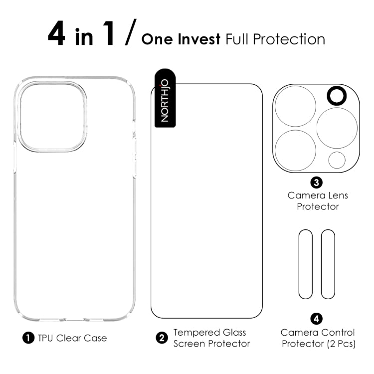 For iPhone 16 Pro NORTHJO 4 in 1 TPU Phone Case with Screen Film and Lens Film and Camera Control Button Cover - Clear
