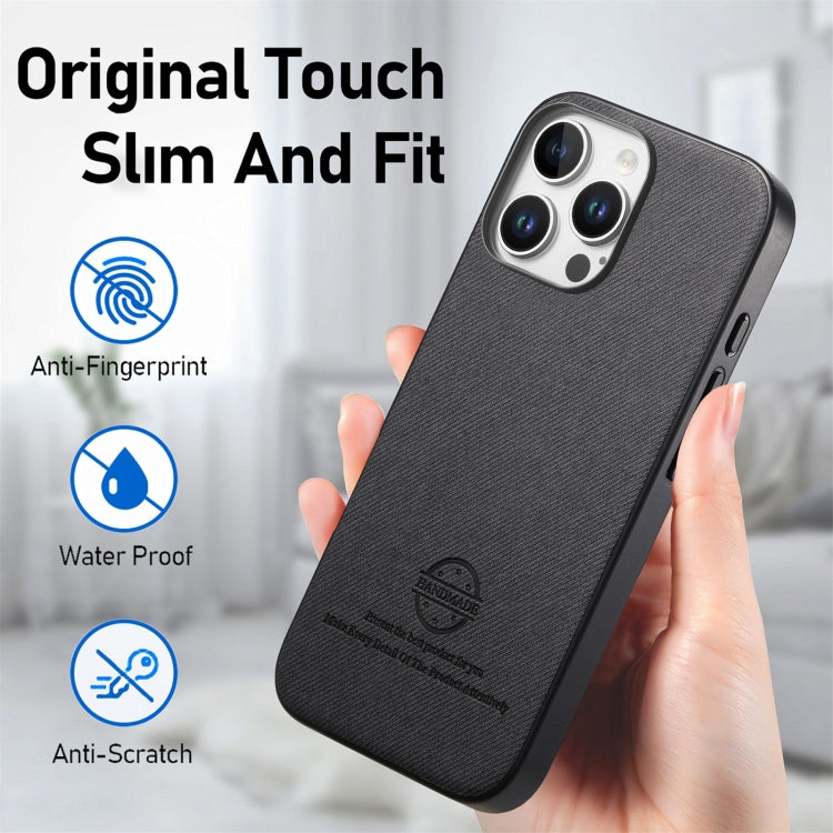 For iPhone 14 Plus Twill Fabric Leather Skin Back Phone Case