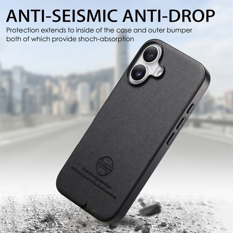 For iPhone 16 Twill Fabric Leather Skin Back Phone Case