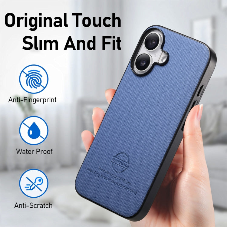 For iPhone 16 Plus Twill Fabric Leather Skin Back Phone Case