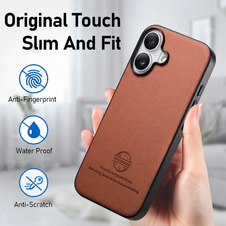 For iPhone 16 Plus Twill Fabric Leather Skin Back Phone Case