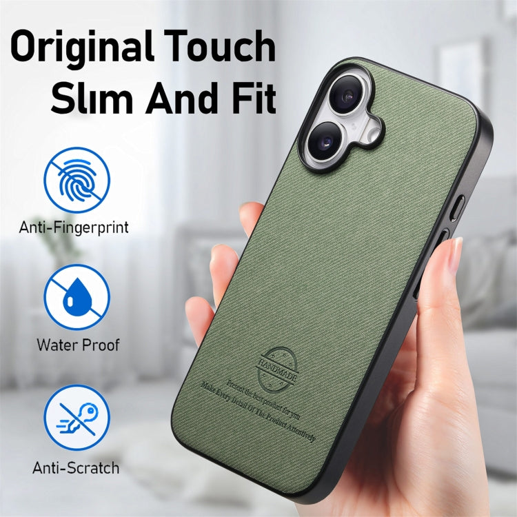For iPhone 16 Plus Twill Fabric Leather Skin Back Phone Case