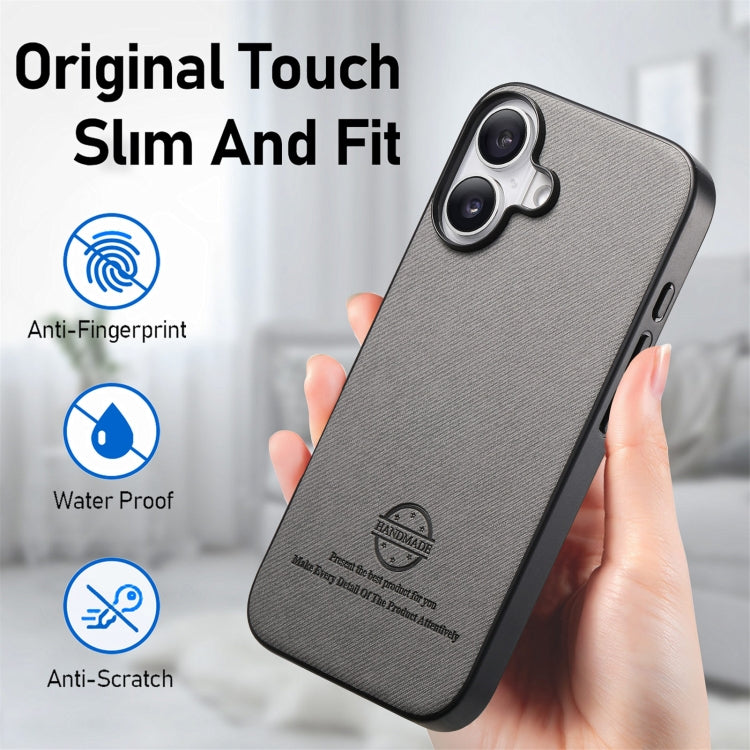 For iPhone 16 Plus Twill Fabric Leather Skin Back Phone Case