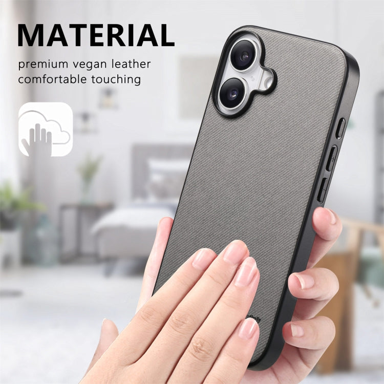 For iPhone 16 Plus Twill Fabric Leather Skin Back Phone Case