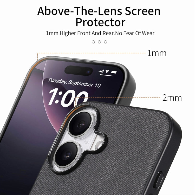 For iPhone 16 Plus Twill Fabric Leather Skin Back Phone Case