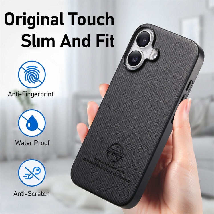 For iPhone 16 Plus Twill Fabric Leather Skin Back Phone Case