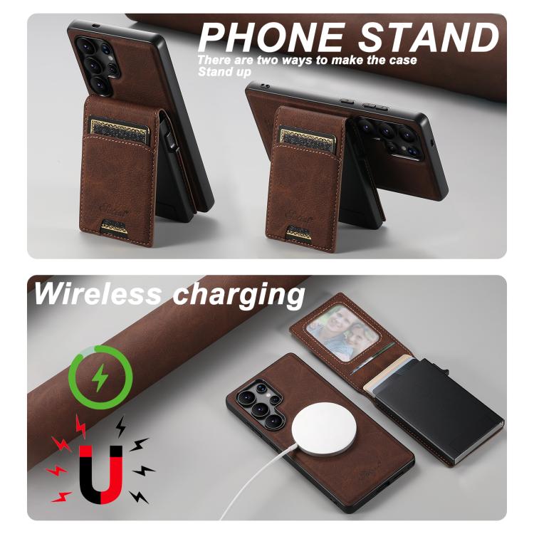 For Samsung Galaxy S26+ 5G Suteni H19 Litchi Texture 2-in-1 MagSafe Removable Card Case Back Phone Case