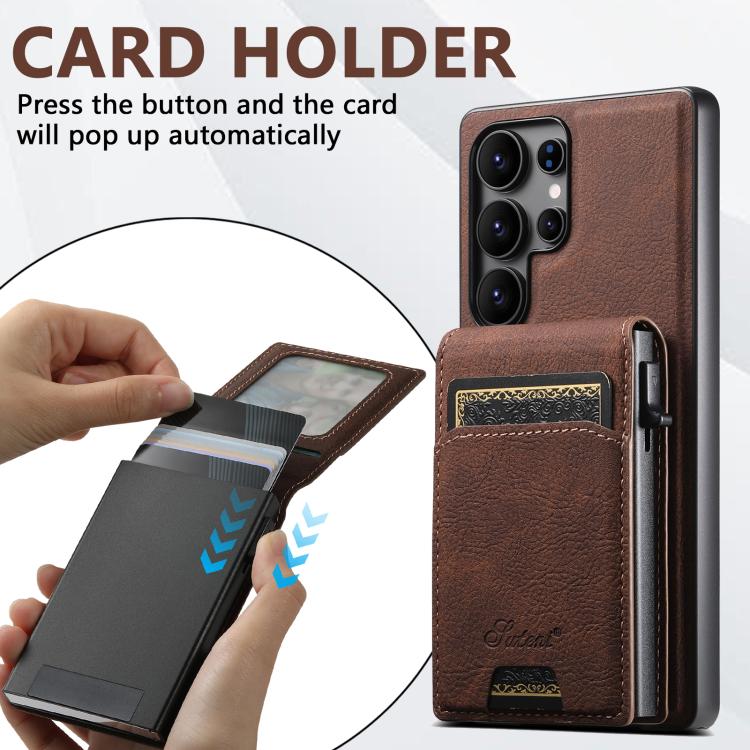 For Samsung Galaxy S26+ 5G Suteni H19 Litchi Texture 2-in-1 MagSafe Removable Card Case Back Phone Case