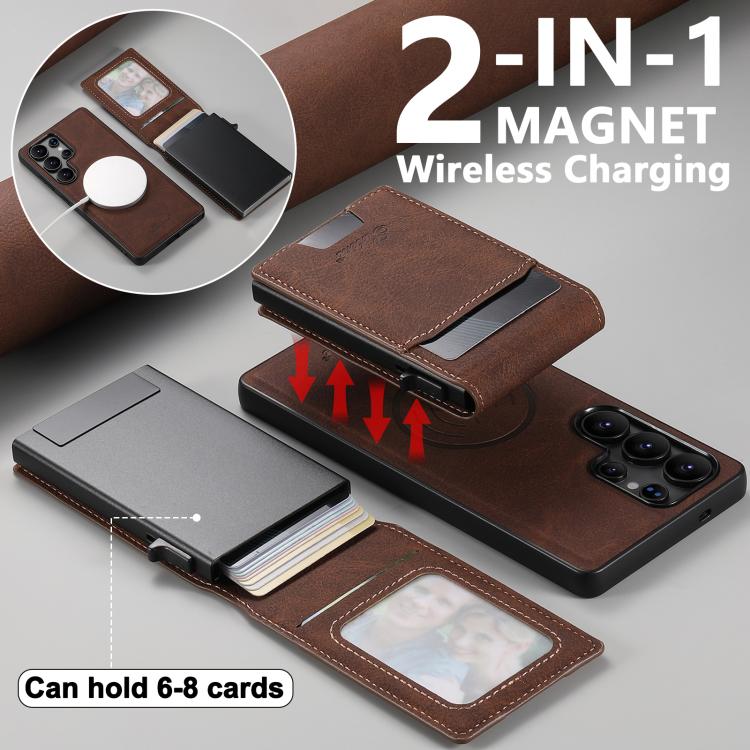 For Samsung Galaxy S26 Ultra 5G Suteni H19 Litchi Texture 2-in-1 MagSafe Removable Card Case Back Phone Case
