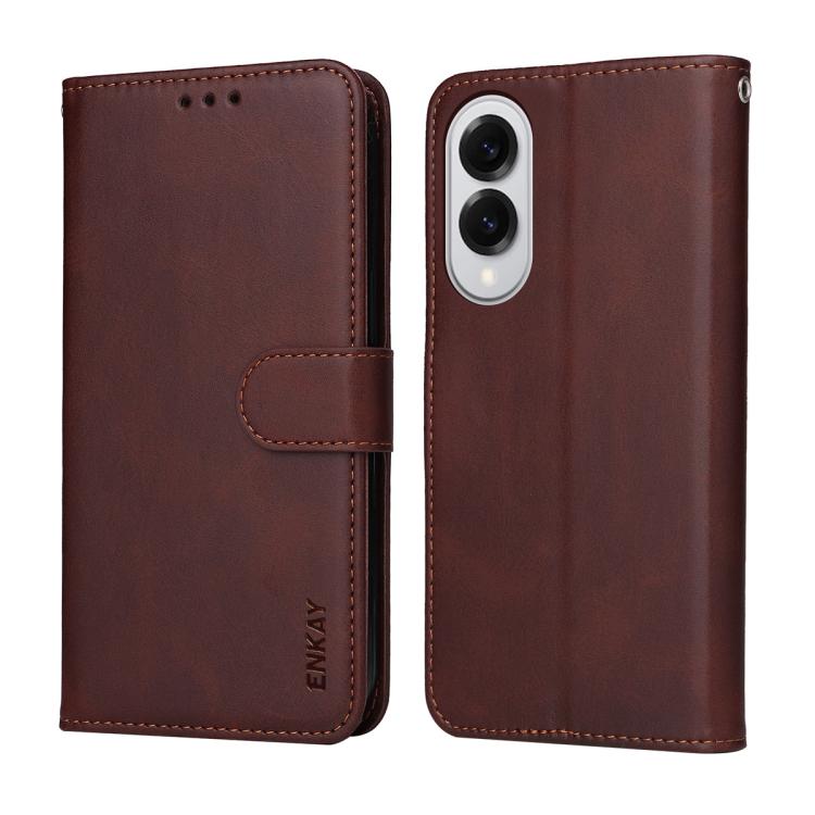 For Galaxy S25 Edge 5G ENKAY Card Wallet Calf Texture Leather Phone Case with Screen Film