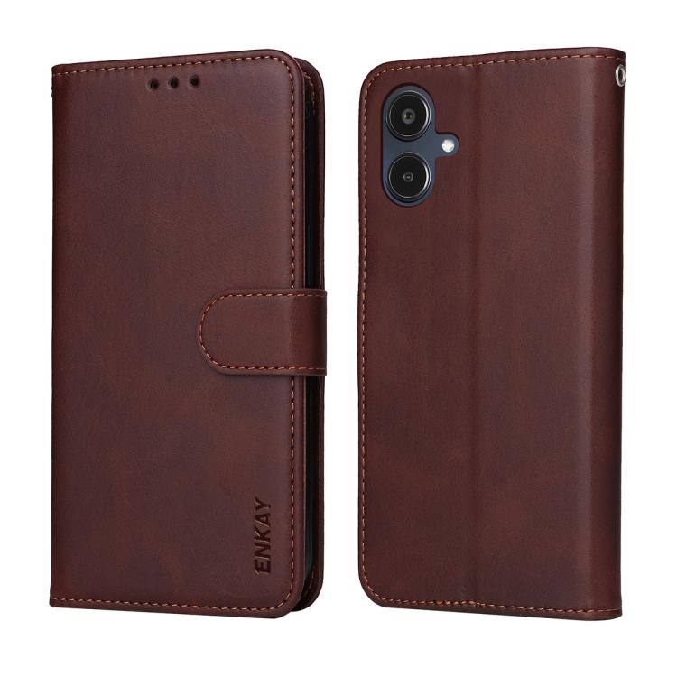 For Galaxy A07 ENKAY Card Wallet Calf Texture Leather Phone Case with Screen Film