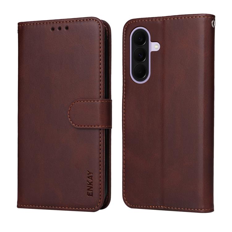 For Galaxy A27 5G ENKAY Card Wallet Calf Texture Leather Phone Case with Screen Film