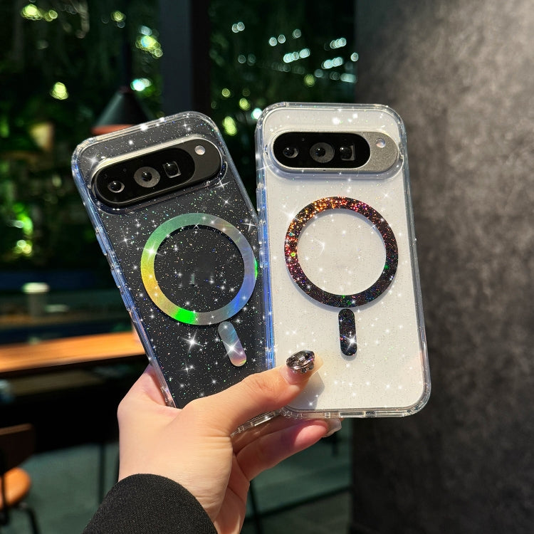 For Google Pixel 9 Glossy Glitter Starry Colorful MagSafe Ring Phone Case - White