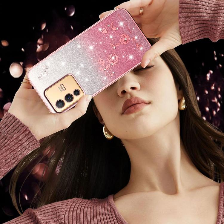 For vivo S12 Gradient Glitter Flower All-inclusive Phone Case