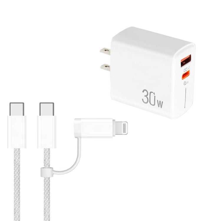 PD31 30W USB-C / Type-C + USB-A Charger with Type-C+8 Pin 2-in-1 Data Cable, US Plug
