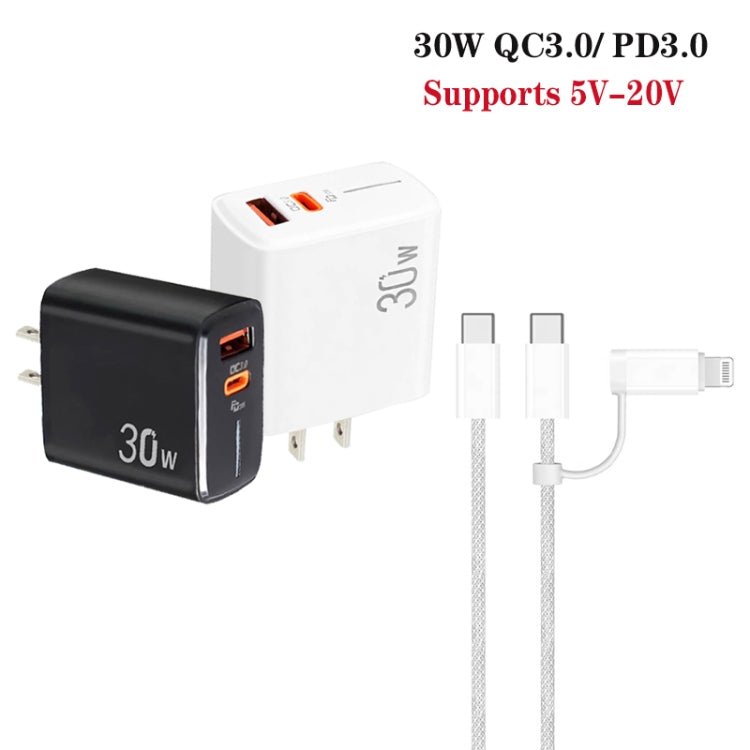 PD31 30W USB-C / Type-C + USB-A Charger with Type-C+8 Pin 2-in-1 Data Cable, US Plug