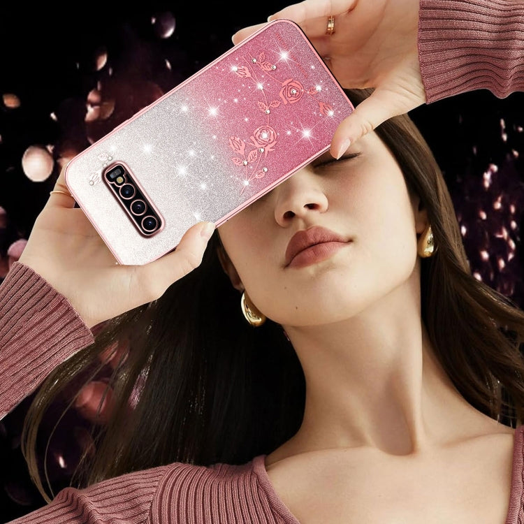 For Samsung Galaxy S10+ Gradient Glitter Flower All-inclusive Phone Case