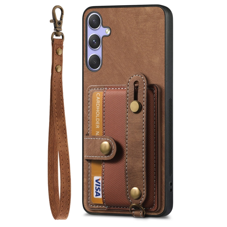 For Samsung Galaxy S25 5G Retro Cross Wristband Wallet Leather Back Phone Case