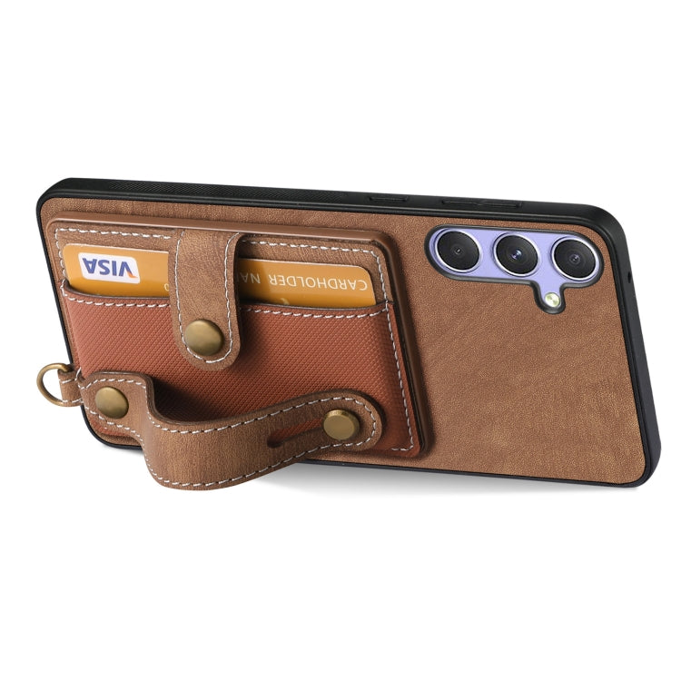 For Samsung Galaxy S25 5G Retro Cross Wristband Wallet Leather Back Phone Case