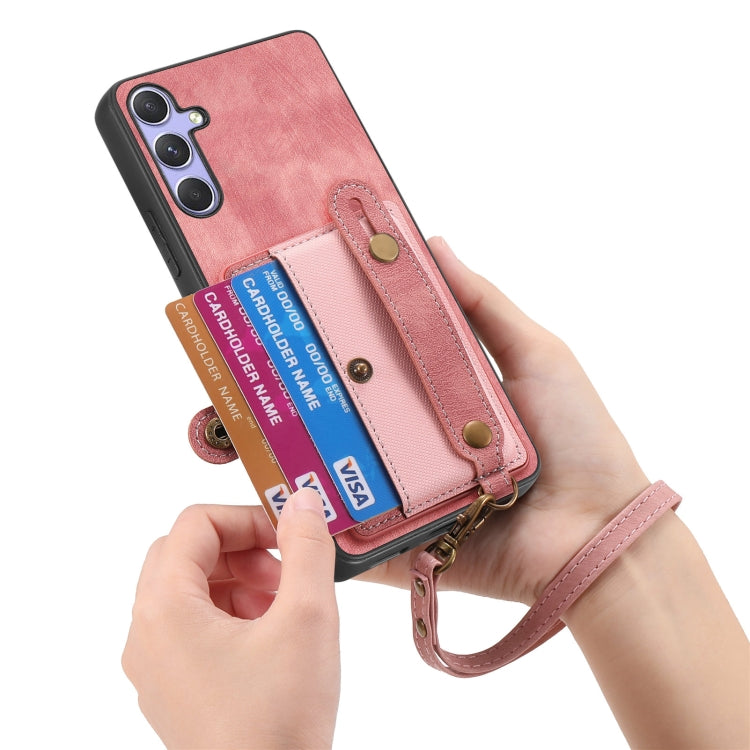 For Samsung Galaxy S25 5G Retro Cross Wristband Wallet Leather Back Phone Case