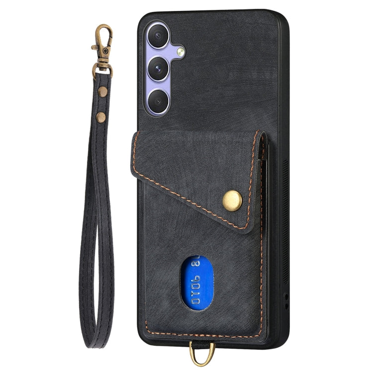 For Samsung Galaxy S25 5G Retro Card Wallet Fold Leather Phone Case with Strap
