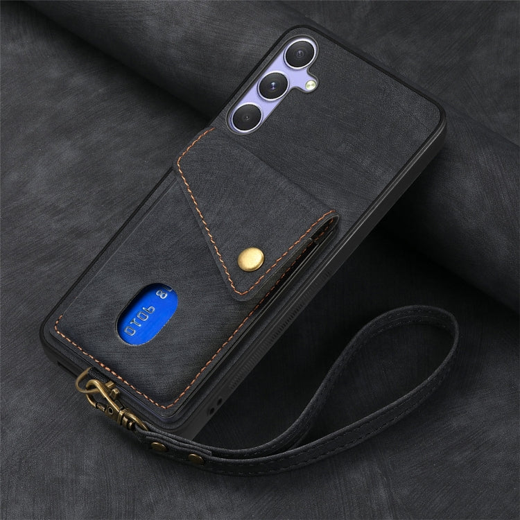 For Samsung Galaxy S25 5G Retro Card Wallet Fold Leather Phone Case with Strap