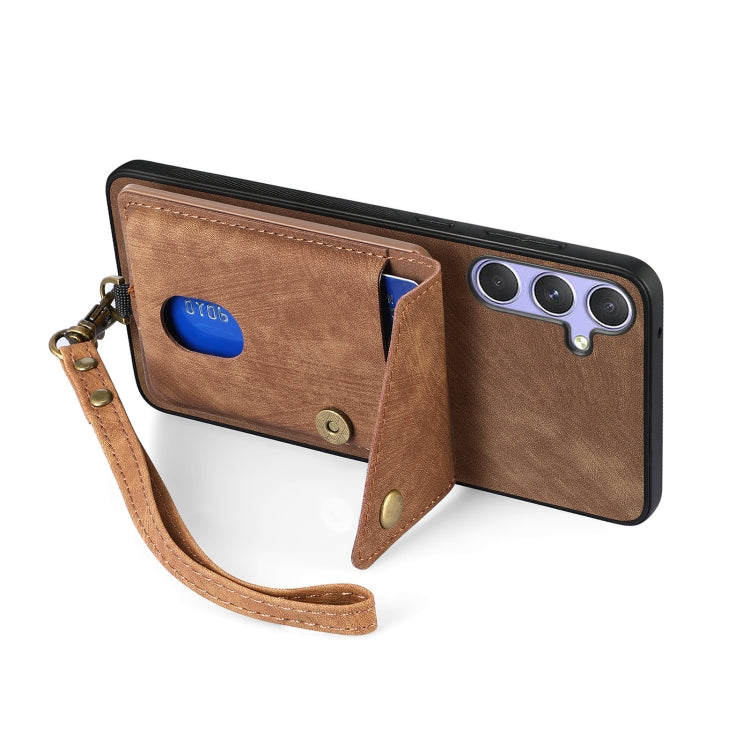 For Samsung Galaxy S25 5G Retro Card Wallet Fold Leather Phone Case with Strap