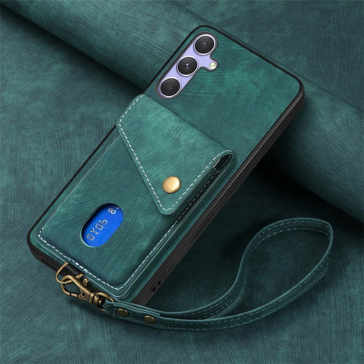 For Samsung Galaxy S25 5G Retro Card Wallet Fold Leather Phone Case with Strap